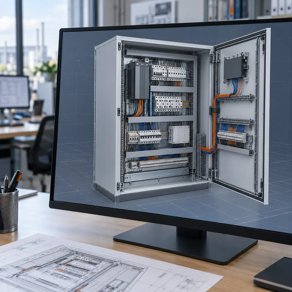 Digitaal 3D-kastontwerp met componenten, kabelgoten en aansluitingen.
