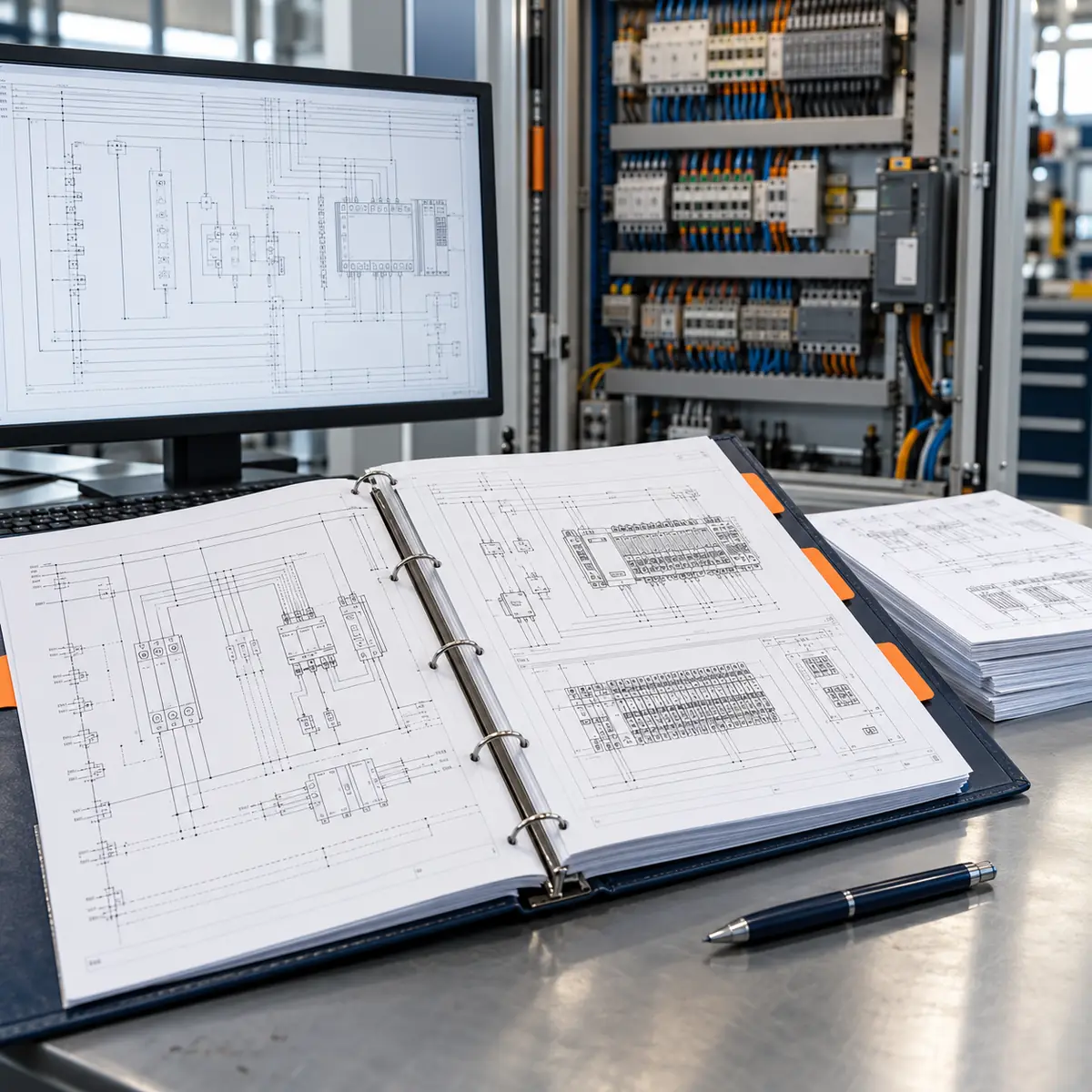 Machinebediening met laptop en technische documentatie voor controle en inbedrijfstelling.