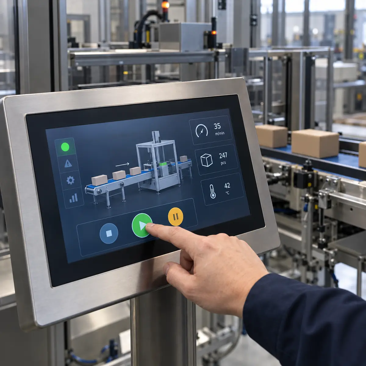 Bediening van een machine via een HMI-scherm met machinestatus en instellingen.