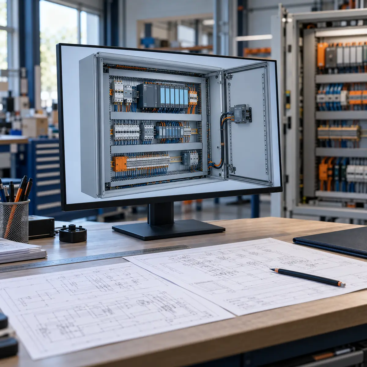 Elektrotechnische ontwerpwerkplek met schema’s en een digitaal kastontwerp.