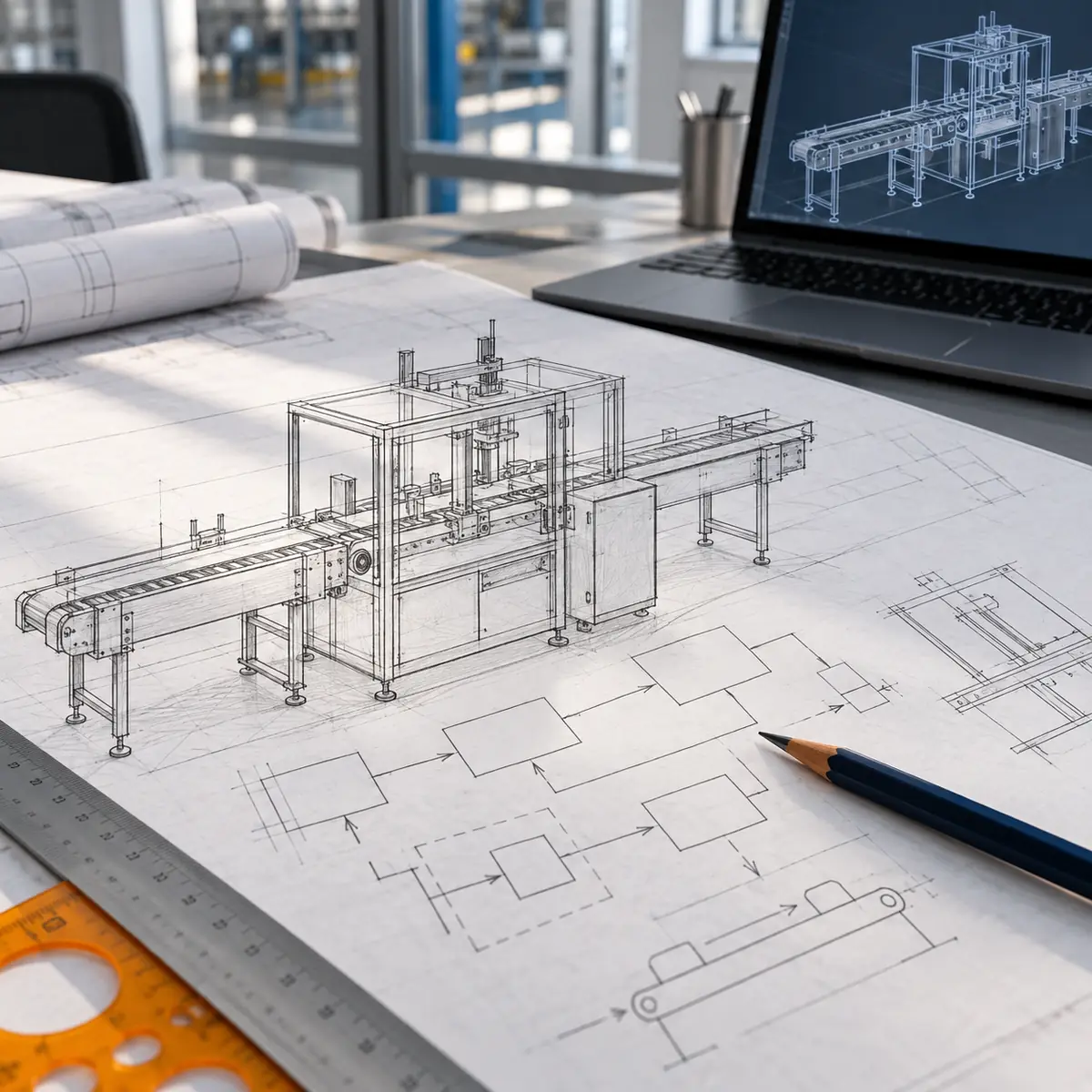 Werkplek met machineschetsen en een digitaal machineconcept.