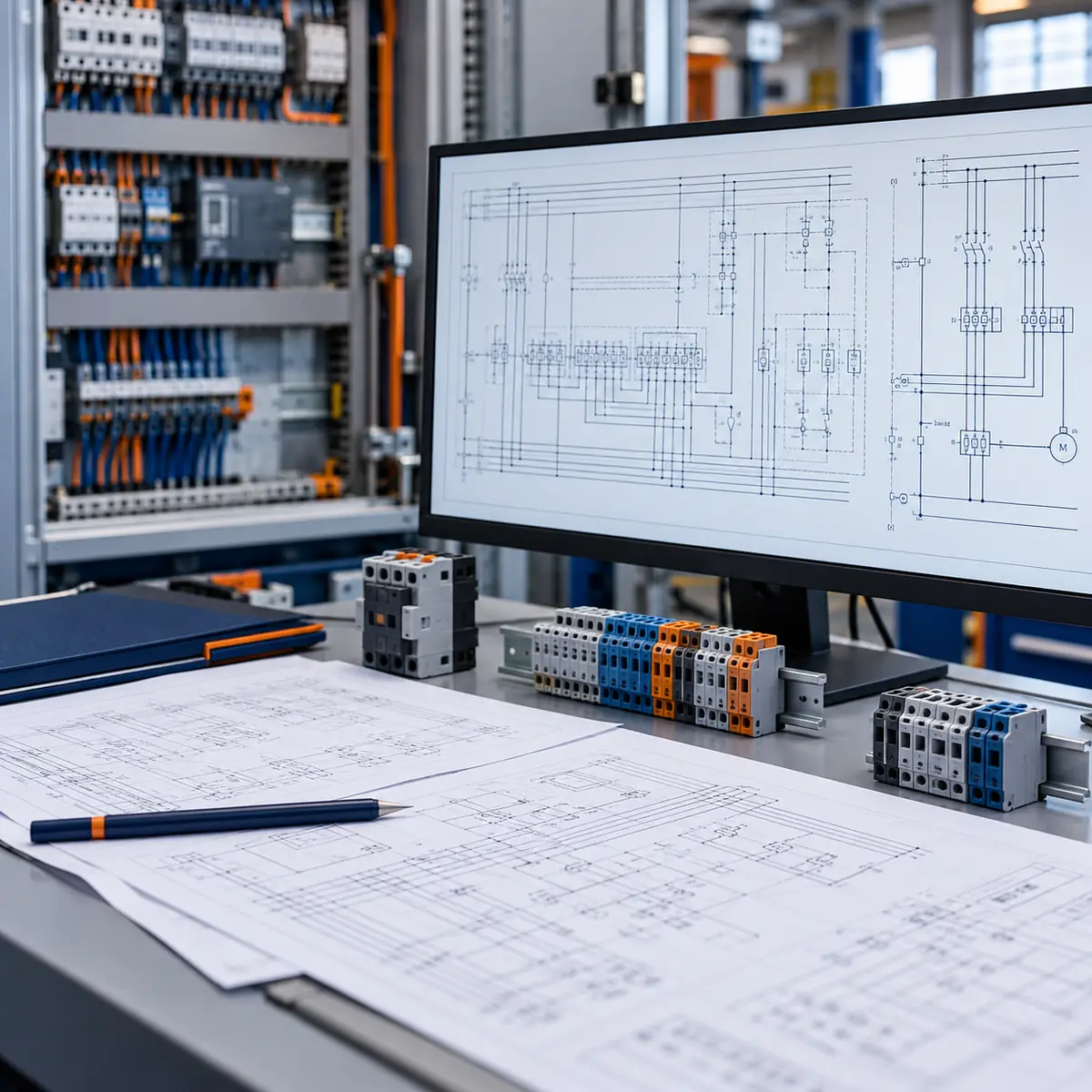 Elektrotechnische ontwerpwerkplek met elektrische schema’s en besturingscomponenten.