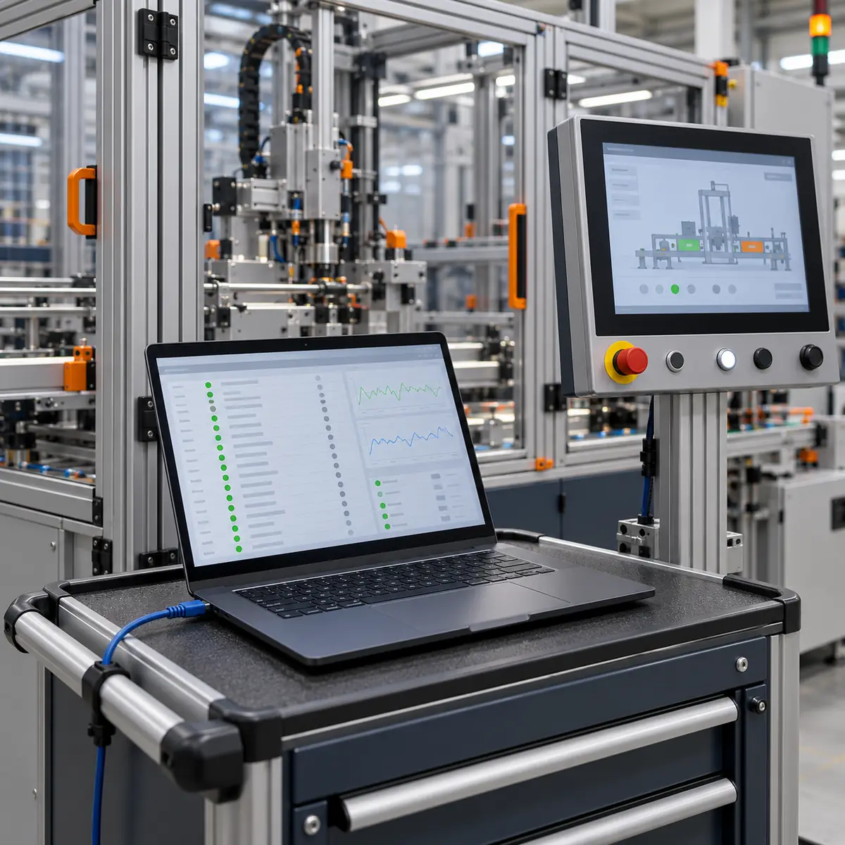 Machinebediening met laptop en technische documentatie voor controle en inbedrijfstelling.