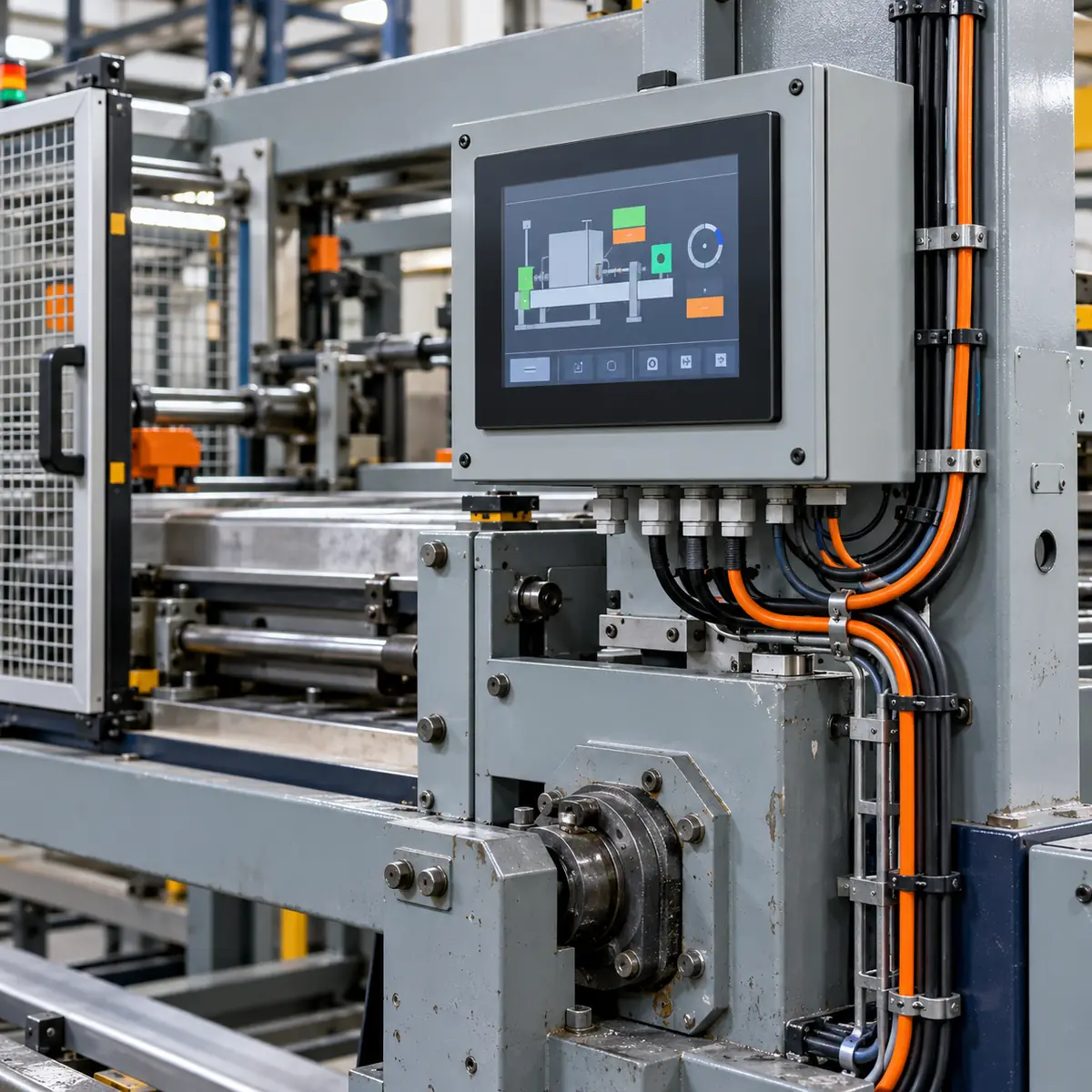 Bestaande industriële machine met vernieuwd bedieningspaneel en bekabeling.