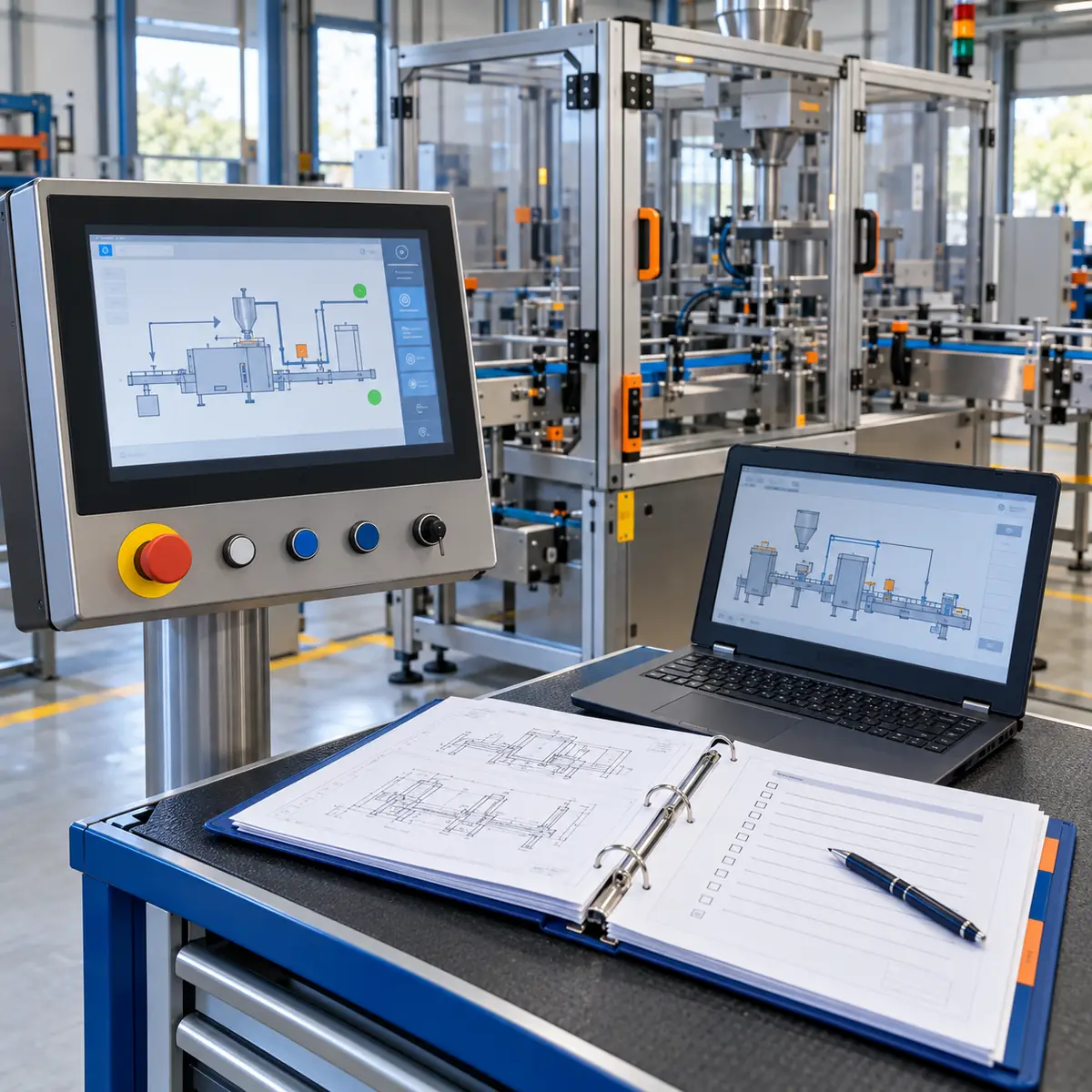 Machinebediening met laptop en technische documentatie voor controle en inbedrijfstelling.