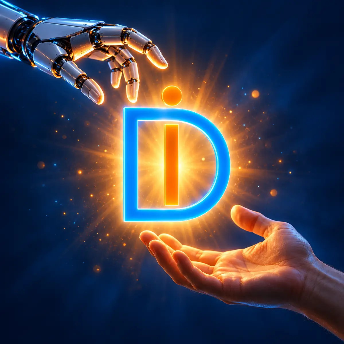 Een mensenhand en een robothand rond het stralende DI-logo, als symbool voor samenwerking tussen vakkennis en AI.