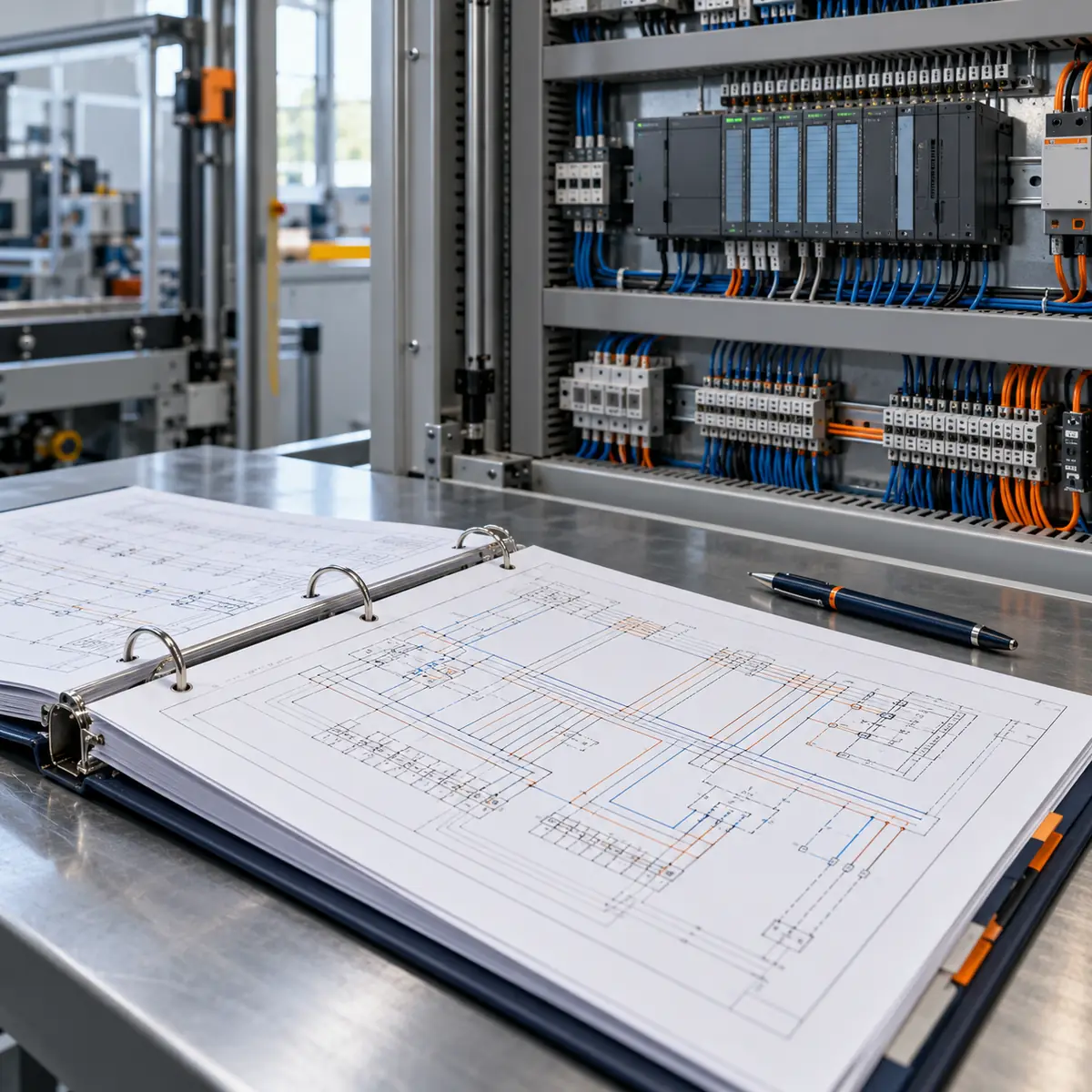 Elektrische schema’s naast een opgebouwd besturingssysteem.