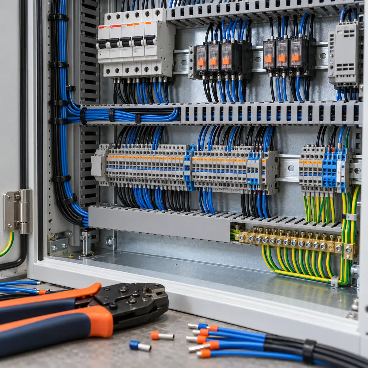 Montage en bedrading van een besturingskast met componenten en aansluitklemmen.
