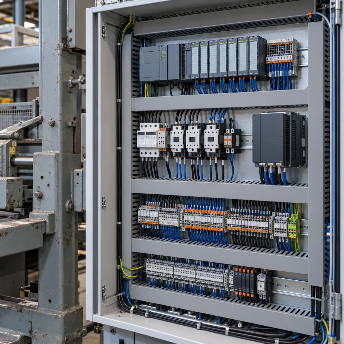 Bestaande industriële machine met vernieuwd bedieningspaneel en bekabeling.