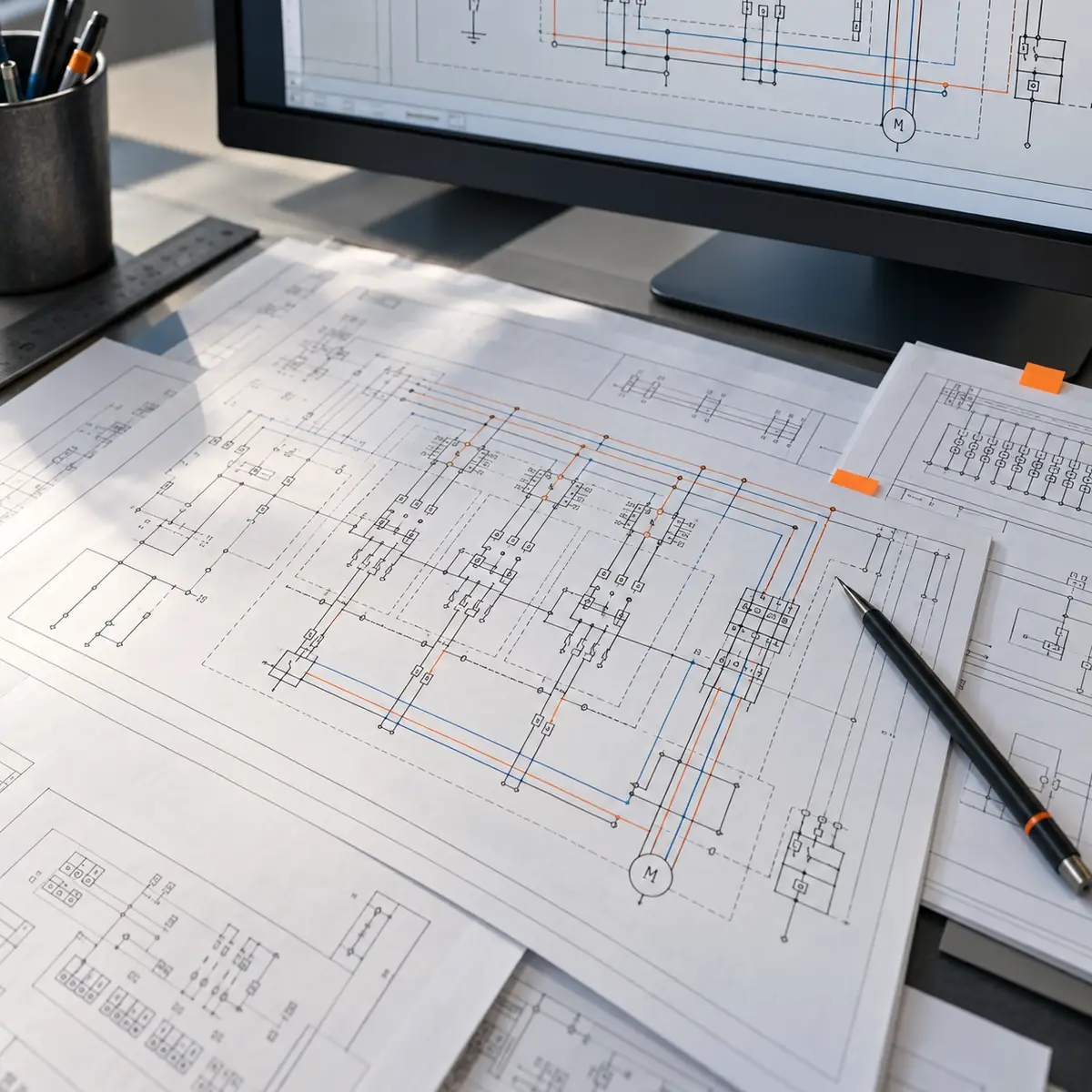 Elektrische schema’s op een ontwerpwerkplek met beeldscherm en tekeningen.