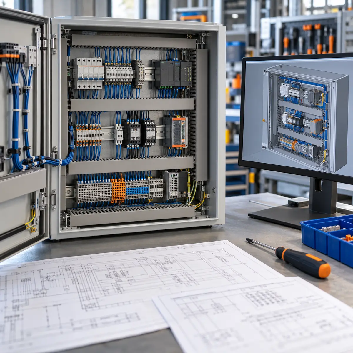 Besturingskast in opbouw met elektrische schema’s en een digitaal kastontwerp.